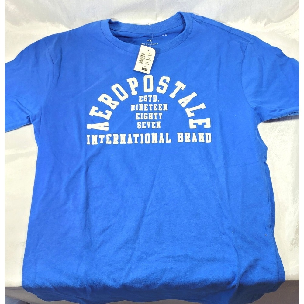 Aeropostale Arch Flocked Graphic Fuzzy Letters Tee T-Shirt - Royal Blue - XS